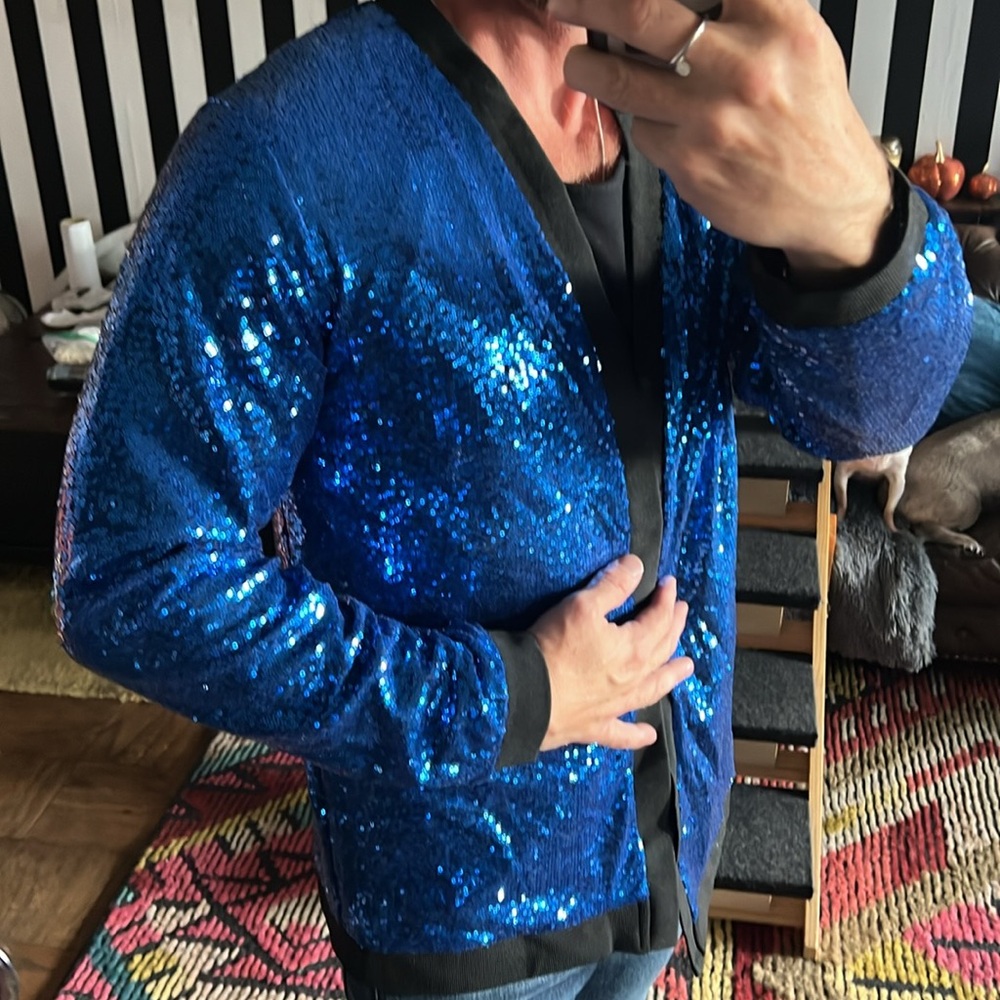 Blue sequin with black trim men’s cardigan new with tags